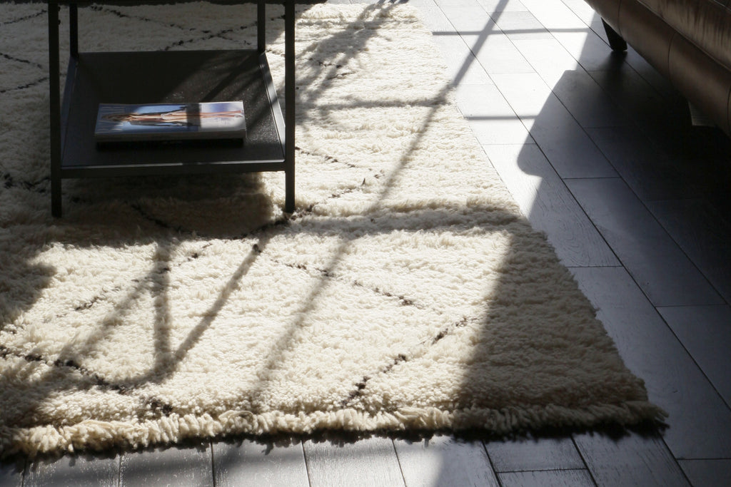 Sunshine and shadows on hand-knotted Beni Ouarain rug.