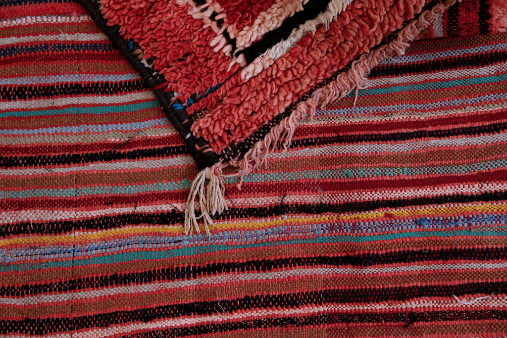 Extreme close-up of the reverse side of the Chichaoua rug showing beautiful patterned flat-weave design. 